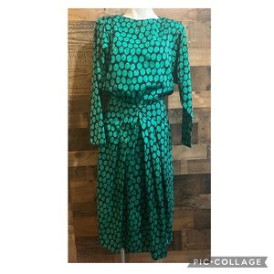 Vintage Polka Dot Green Black Midi Blouson Dress Retro Business Party Size 8